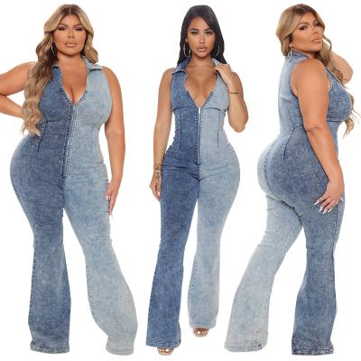 China Autumn QUICK DRY 2021 High Quality Fashions Plus Size For Women Sleeveless Denim Jean Boot Cut Pant Jumpsuit Blue Camisole Tank Tops for sale