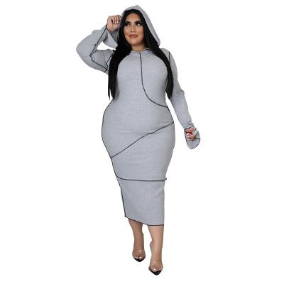 China Washable Women Fall New Fashion Plus Size Contrast Color Female Long Sleeve Casual Maxi Dresses Fitted Hoodie for sale