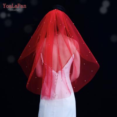 China Lace Edge Youlapan V89-S Style Long Short Bridal Dress Wholesale Wedding Accessories Veil Stunning Elegant A-Layer Chinese Red Veil for sale