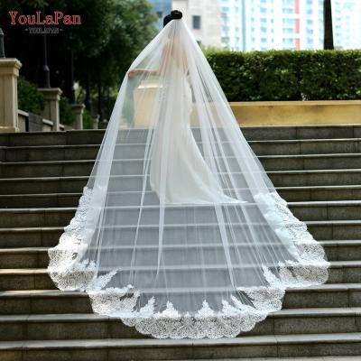 China Luxury Embroidered Bridal Wedding Cathedral Veil Wholesale Custom Made Ivory White High Quality Beautiful Long Lace Edge YouLaPan V92 Veil for sale