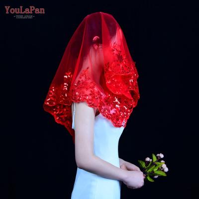 China YouLaPan V88 High Quality Chinese Wedding Lace Edge Wedding Accessories Dress Accessories Traditional Bridal Red Short Veil for sale