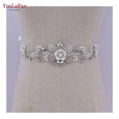 China Popular YouLaPan S68 Ladies Rhinestone Sash Pearl With White Flowers Party Evening Dress Sash Bridal Wedding Dress Sash for sale