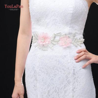 China YouLaPan S498 Pink Dress Waist Decoration Bridesmaid Gift Hand Beaded Wedding Sash Jewelry Flower Bridal Sash 27.5*10CM/10.83*3.94IN for sale