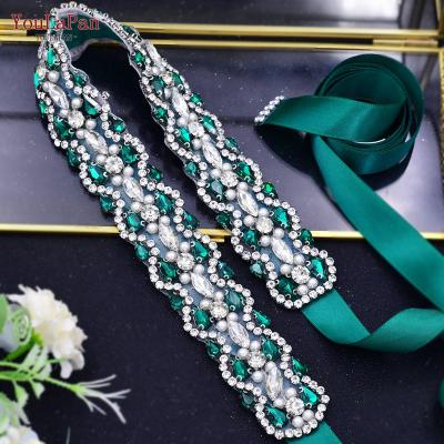 China YouLaPan Fashion Princess Dress Belt Party Green Rhinestone Pearl Dress Accessories Wedding Bridal Sash 41*3.21CM/16.16*1.26IN S466 for sale