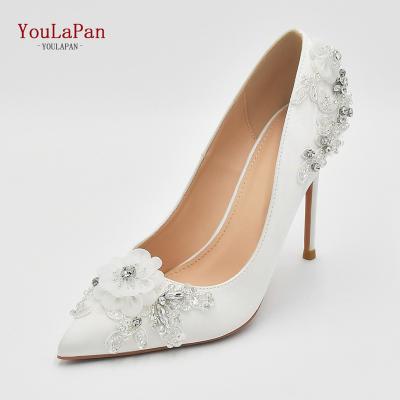 China YouLaPan A11 Light Popular Luxury Romantic Flower White Handmade Glitter Pearl Beaded Party Women Wedding Bridal High Heels for sale