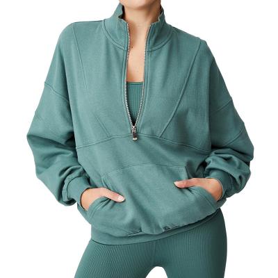 China QUICK DRY Women's Loose Running Jacket Long Sleeve Yoga Shirts With Zipper Thumb Holes Casual Elastic Sports Coat for sale