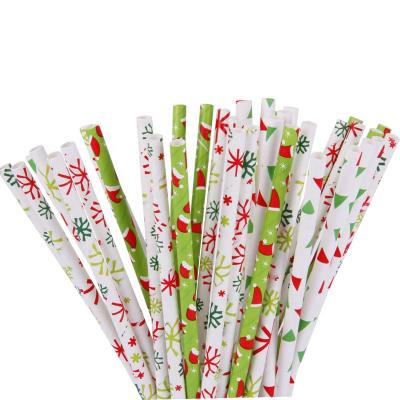 China Disposable Red Green Patterned Biodegradable Paper Straws For Christmas New Year Party DIY Decoration Accessories for sale