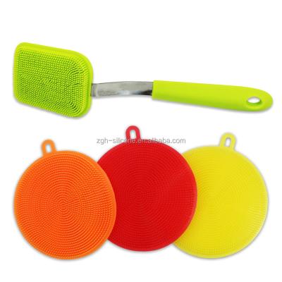 China Sustainable Hot Sale Food Grade Silicone Sponge Kitchen Dish Scrubber With Handle for sale