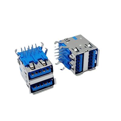 China Double Layer USB 3.0 Type PCB Right Angle Female Connector Stack Through Hole PBT Blue Gold Flash With Body Length 17.46MM for sale