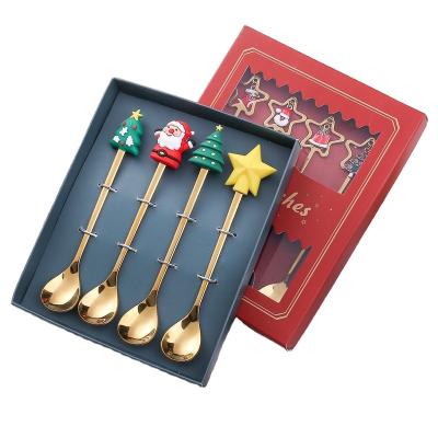 China Viable Christmas Stainless Steel Cutlery Set With Gift Box Dessert Teaspoon Fork Set Christmas Gift Tableware for sale