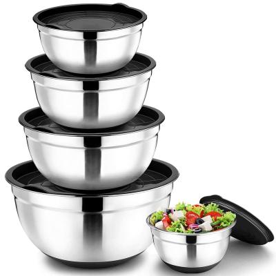 China Sustainable Hot Sale Stainless Steel Mixing Bowl With Silicone Tray Kitchen Functional Salad Bowl Set With Lid for sale