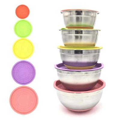 China 7 Colors Stainless Steel Viable Mixing Bowl With Airtight Non-slip Silicone Lid Food Storage Bottom Bowl Set Kitchen for sale