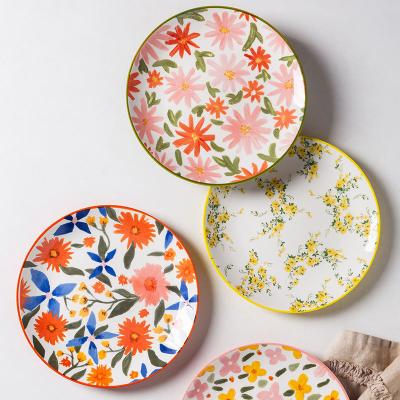 China 8inch Sustainable Flowers Dessert Dish Dinner Salad Bowl Cake Kitchen Party Ceramic Heat Resistant Tableware for sale