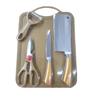 China Sustainable Kitchen Utensils Easy Use Stainless Steel Knife With Scissors And Cutting Board OEM Gold Color Coating for sale