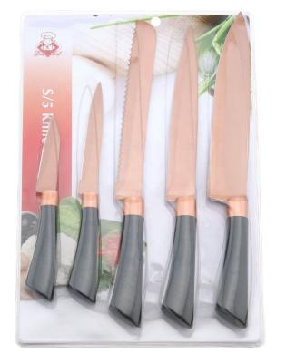 China Viable Yangjiang Factory, Amazing Good Quality 5 Pcs Kitchen Rose Gold Coating Titanium Blade Knife Set for sale