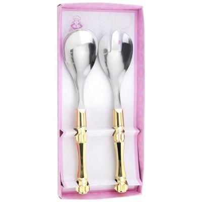 China Sustainable Home Party Salad Service And Sharing Spoon Set Fork With Gold Handle Flatware for sale