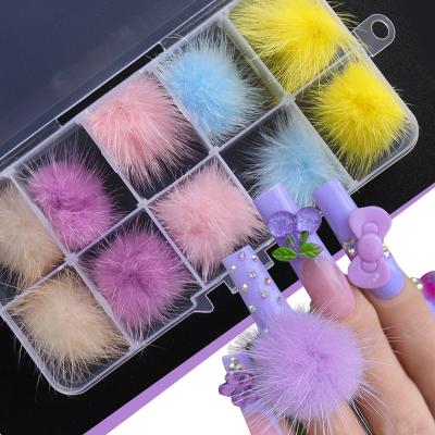 China Popular Nail Tips 10 Fluffy Magnetic Boxes Kit For Nails Art Decoration Pom Pom Nail Balls Charm Removable 3d Grid New Arrival Kawaii for sale