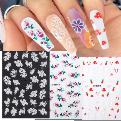 China Popular Nail Tips Private Label Nail Sticker Acrylic Emboss Design Eco-Friendly Decals DIY 5D Flower Embossed XF Nail Art Sticker For Decoration for sale