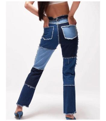 China Other European and American style high waisted elastic pocket leg stitching straight jeans for sale