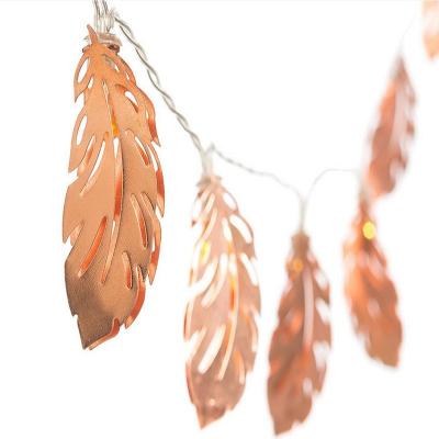 China Residential Metal Iron Rose Gold Feather Leaf Shape Plug In USB Battery Lamp Enhance Homes And Garden Patio Decor Led String Lights for sale