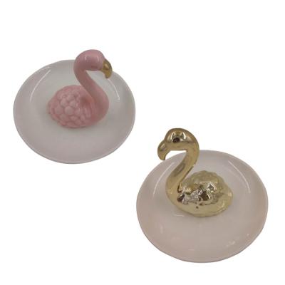 China Simply Pink Flamingo Jewelry Trinket Dish, Custom Round Ceramic Trinket Holder Ring Dish for sale