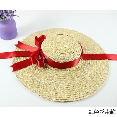 China Striped flat covered large gutters of straw hats tied inside and outside with multicolored ribbons hangers tassels and straw woven women's hats for sale