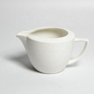 China 270ml Novelty Coffee Creamer Viable White Striped Embossed Decorative Ceramic Milk Jug for sale