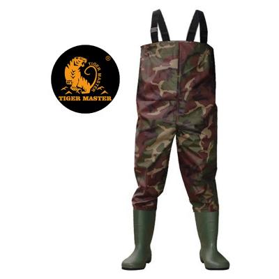 China Nylon Steel Toe PVC Camouflage Men Fishing Wader Water Proof Chest Wader With PVC Rain Boots for sale