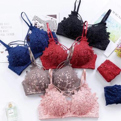 China 3/4 Cup Back Pump Flower Embroidery Lace Women's Bra Women's Beauty Bra Soft Thin Cross Sexy Wireless Bra And Brief Sets for sale