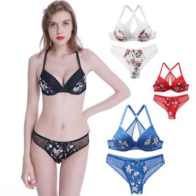 China Vintage Print Color Lace Sexy Padded Deep V-Neck Lift Up Pump Women Underwear Bra And Panties Set for sale