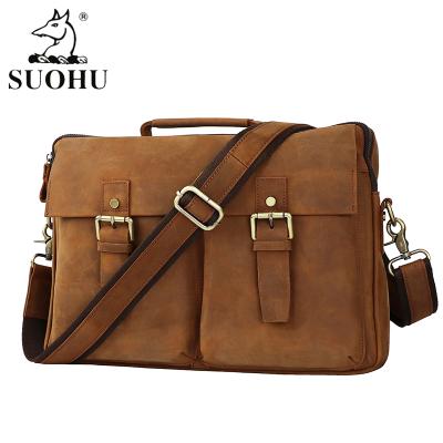 China Crazy Horse Business Laptop Handbag Shoulder Bag Genuine Leather Leather Briefcase For Men Custom Logo for sale