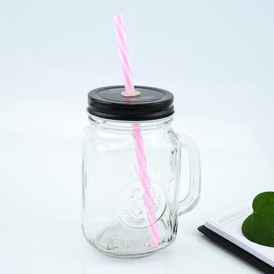 China 16oz 480ml High Quality Glass Handle Beverage Mason Jars with Caps for Juice Drinking for sale