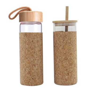 China Viable Custom Logo Glass Water Bottle Tumblers Mug Cork Sleeve Glass Cup With Bamboo Lid for sale