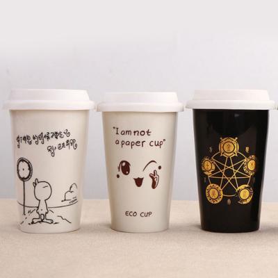 China Sustainable Double Wall Ceramic Coffee Mug With Silicone Lid No Handle Ceramic Mug for sale