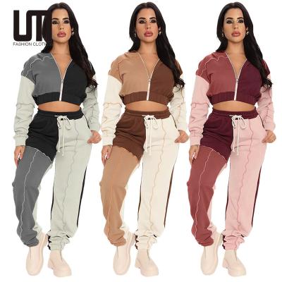 China Liu Ming 2022 New Fashion Women's Long Sleeve Hoodie Jacket Pants Set Patchwork Color Breathable Casual Two-Piece Zipper for sale