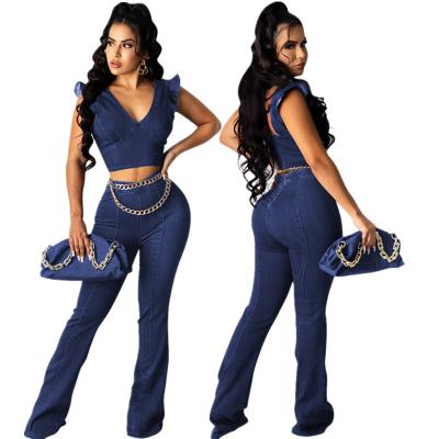 China 2022 summer fashion women sexy deep V-neck ruffle sleeve denim crop QUICK DRY top and flare pants two piece set for sale