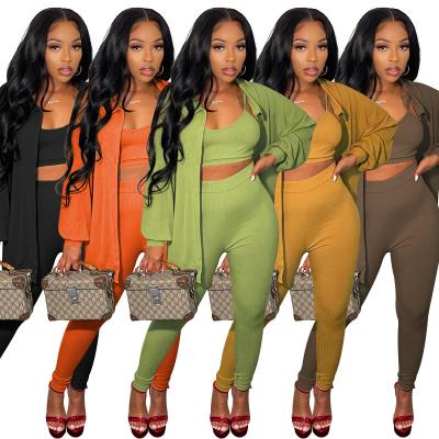 China QUICK DRY high quality solid color tank crop top with 3 piece set high stretch cardigan and long pants knitted women lounge wear set set for sale