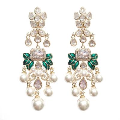 China Luxury Long Retro Baroque Foliage Palace Brass Earrings Pearl Style Chandelier Earrings For Women for sale