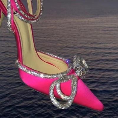 China Brand Luxury Designer Glitter Rhinestones Women Light High Heels Pumps Bowknot Satin Crystal Lady Shoes for sale