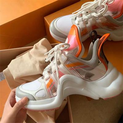 China Fashion Trend Brand Hot Selling Arched Mesh Leather Casual Shoes Ultra Breathable Lace Up Trainers Styles Women Sneakers for sale