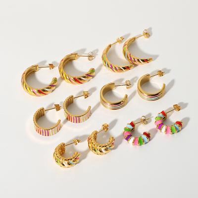 China HOTEST Small INS Cavity Stainless Steel Crescent Earrings FASHION Jewelry Small Enamel Gold Plated Colorful Circle Earrings for sale