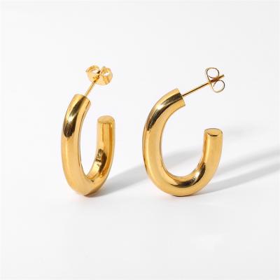 China TRENDY Water Proof 18K Gold Plated Stainless Steel Earrings Jewelry C Shaped Oval Huggie Earrings For Women for sale