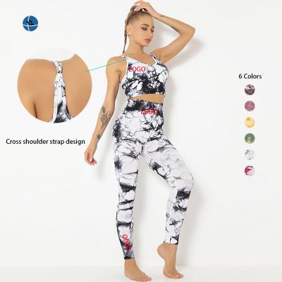 China Breathable YL Logo Sports Women High Waisted Custom Tie Dye To Print Active Wear Seamless Gym Wear 2 Piece Fitness Leggings Bra Yoga Set for sale