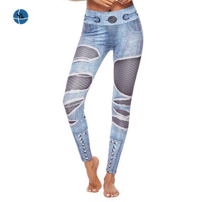 China 2021YL Style Hot Breathable Printed Stretch Thick Soft Leggings Digital Printing Women's Denim Butt Yoga Ripped Pants Para Mujeres for sale