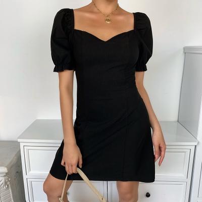 China Breathable Hot Selling V-neck Fashion Casual Wear Ladies Short Dress Sheer Sleeve Color Dress for sale