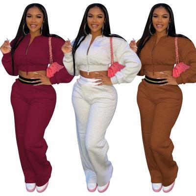 China QUICK DRY women crop top set winter sweatsuit tracksuits women two piece set wide leg sweatpants thicken for sale