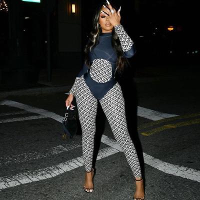 China 2021 Viable New Arrivals Turtle Neck Long Sleeve Patchwork Jumpsuit Women Sexy Printed One-Piece Clothing for sale