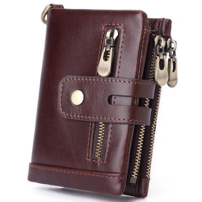 China Retro Buckle Leather RFID Double Zipper Men's Fashion Coin Purse Detachable Wallet for sale