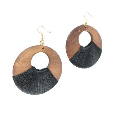 China Latest Unique Fashion Wholesale Handmade Wooden Earrings Design For Women With Black Thread for sale