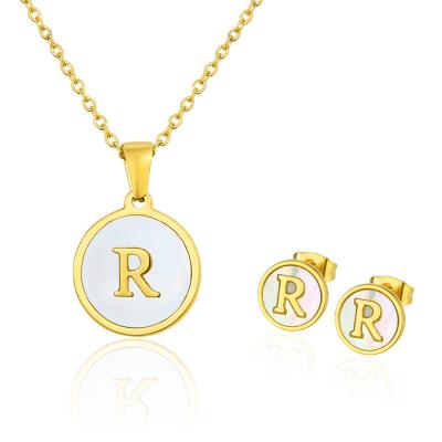 China High Polished High Quality Gold Stainless Steel Fashion Shell Initial Letter Necklace Earring Fashion Jewelry Set For Women for sale